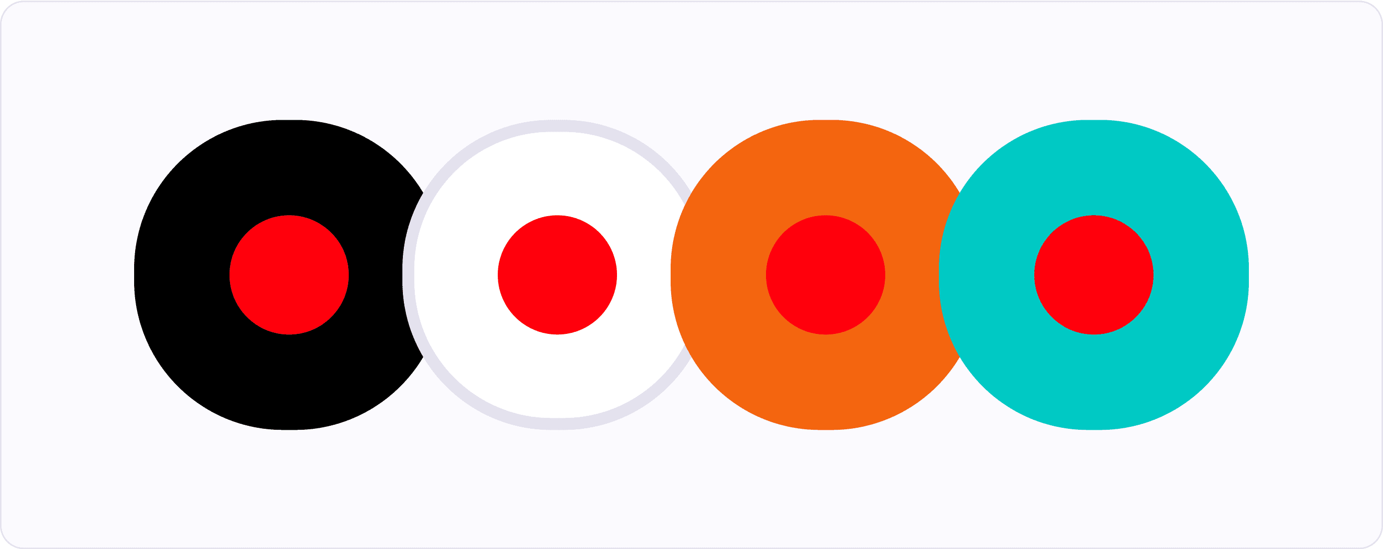 Four differently colored circles with red dots inside them. Showing how the red color changes when surrounded by different colors.