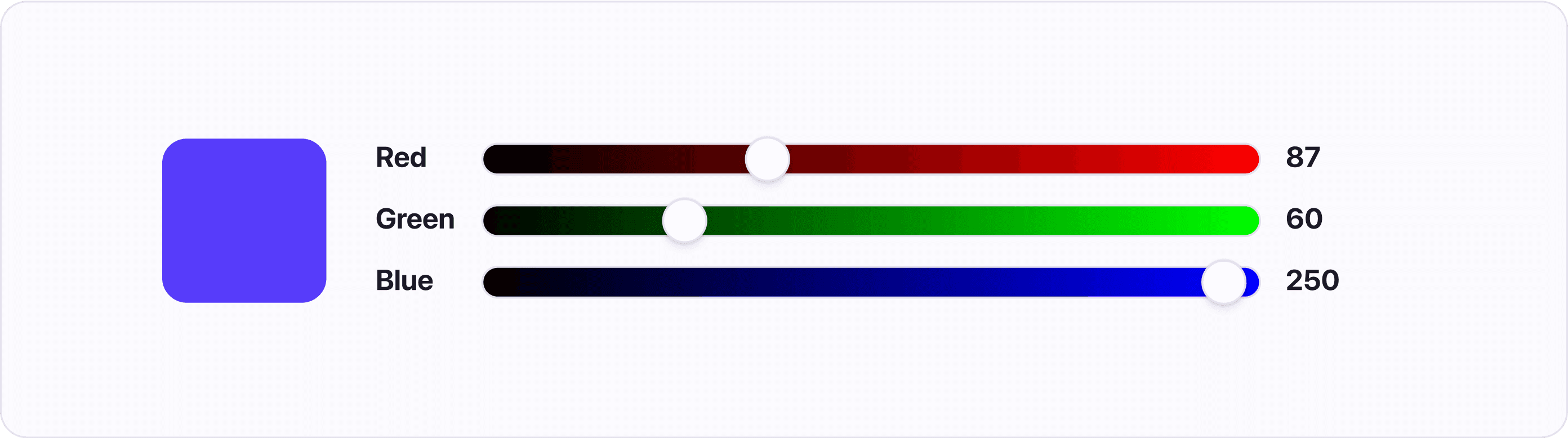 Atmos primary color (#573CFA) converted to RGB. Red = 87, Green = 60, and Blue = 250