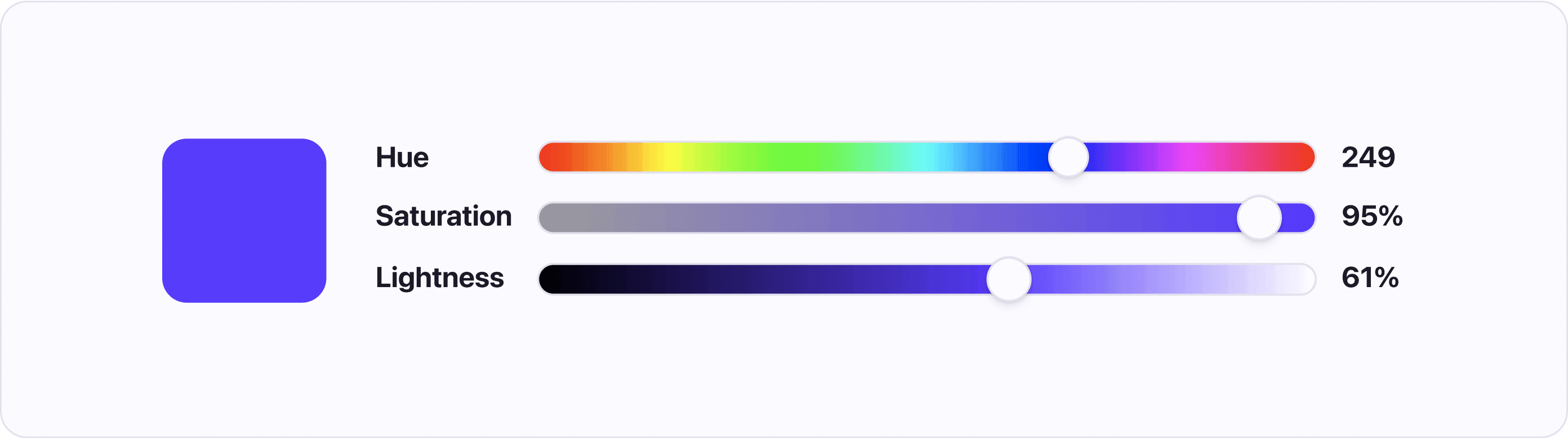 Atmos primary color (#573CFA) converted to HSL. Hue = 249, Saturation = 95%, and Lightness = 61%