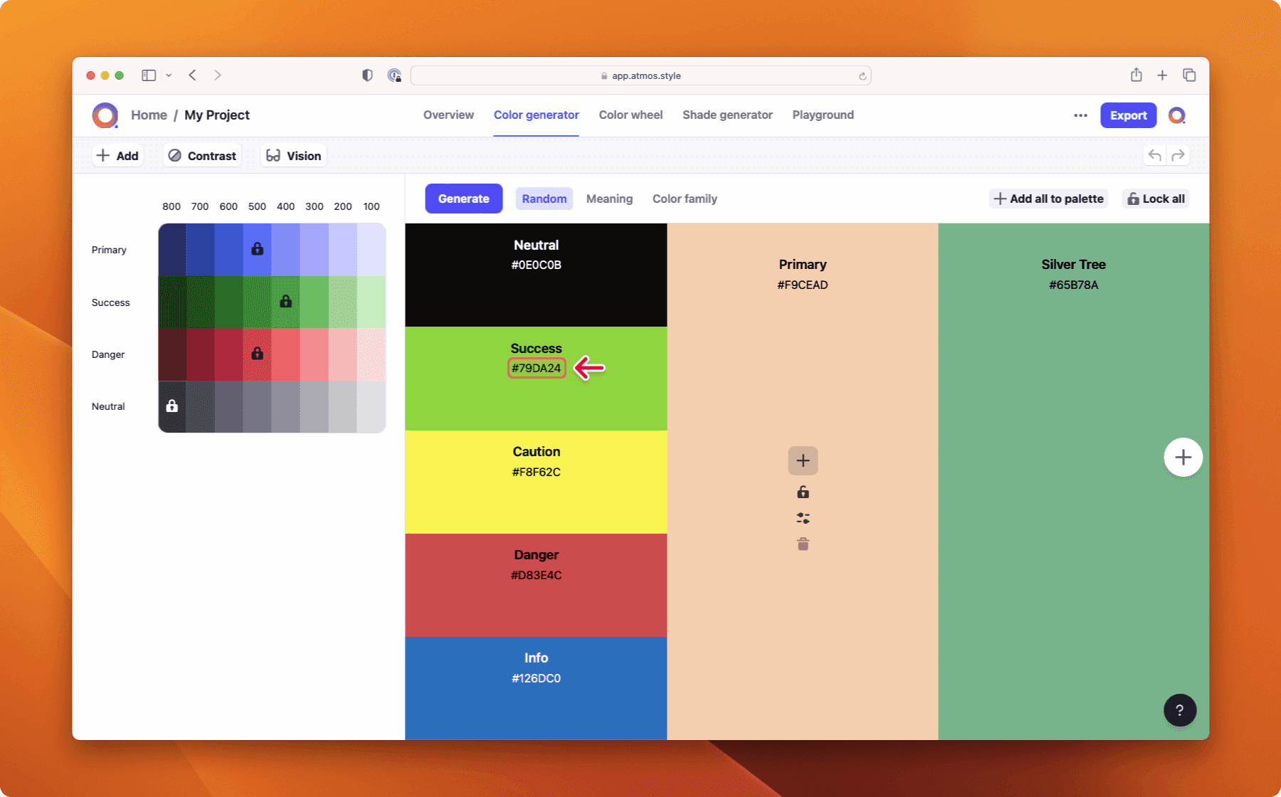 How to copy a color HEX code in the color generator