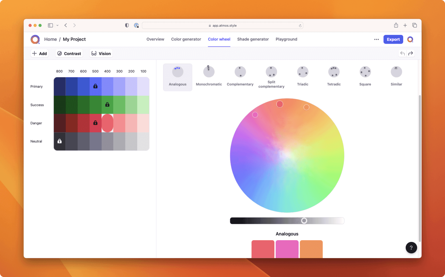 Atmos color wheel tool generating selected color scheme