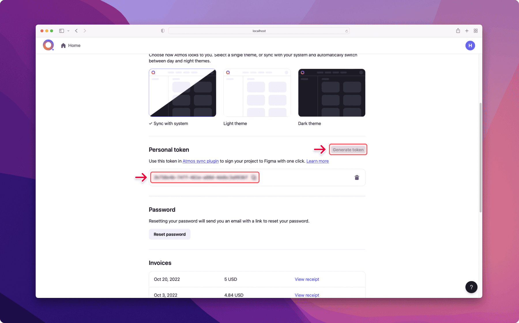 Atmos user settings page