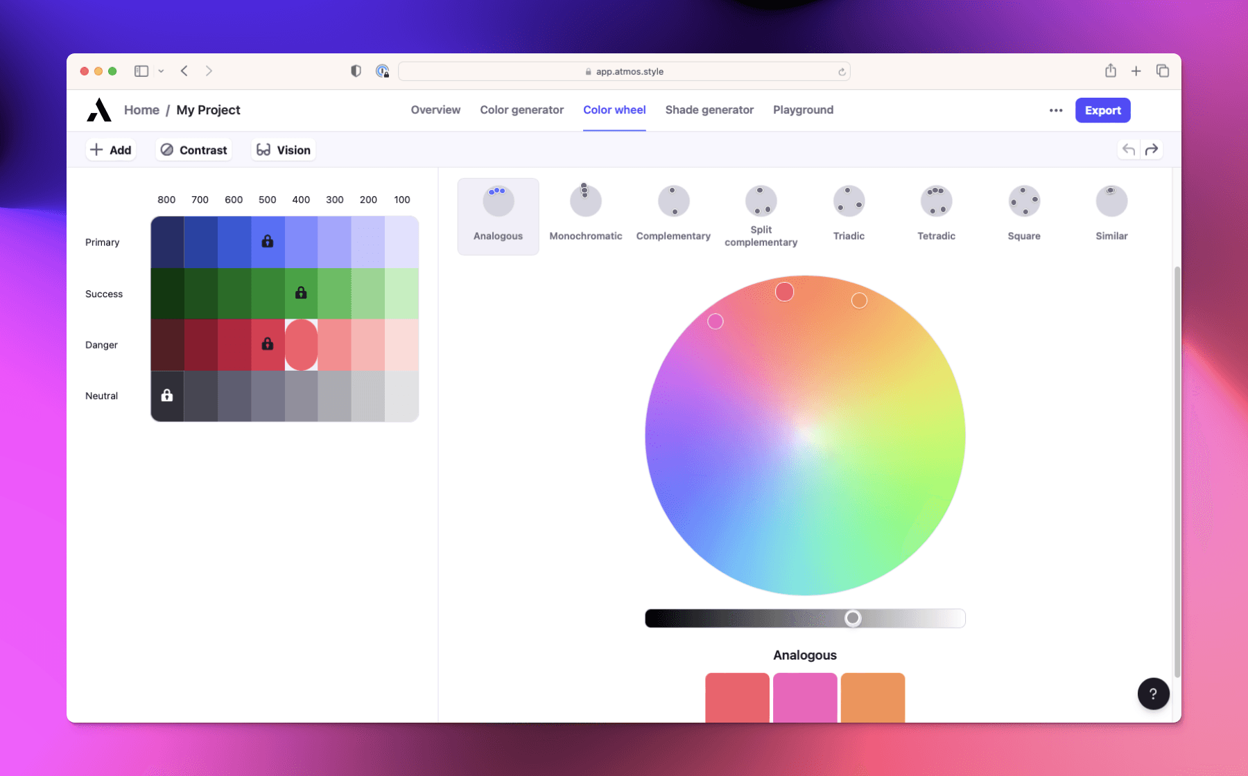Atmos color wheel tool generating selected color scheme