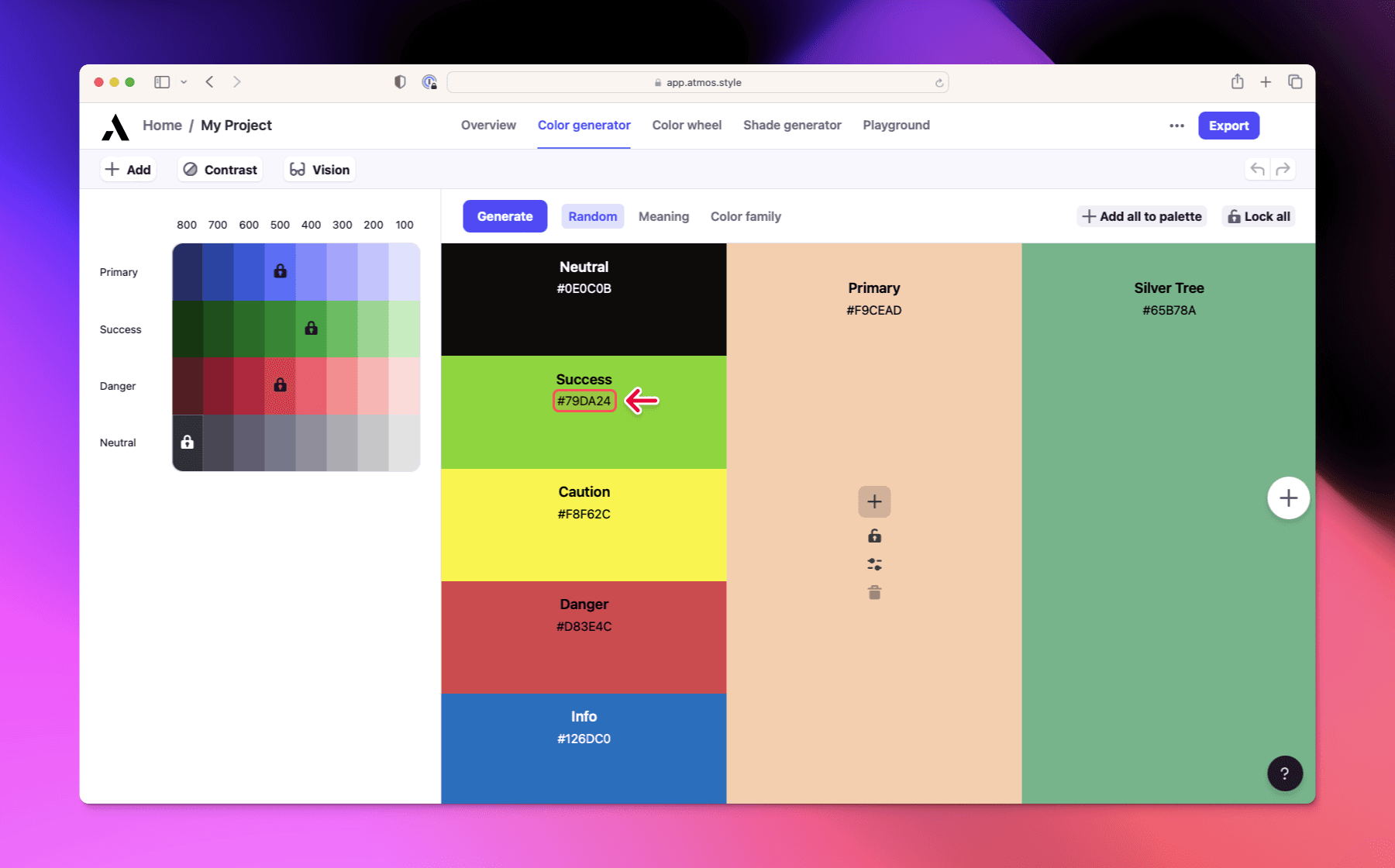 How to copy a color HEX code in the color generator