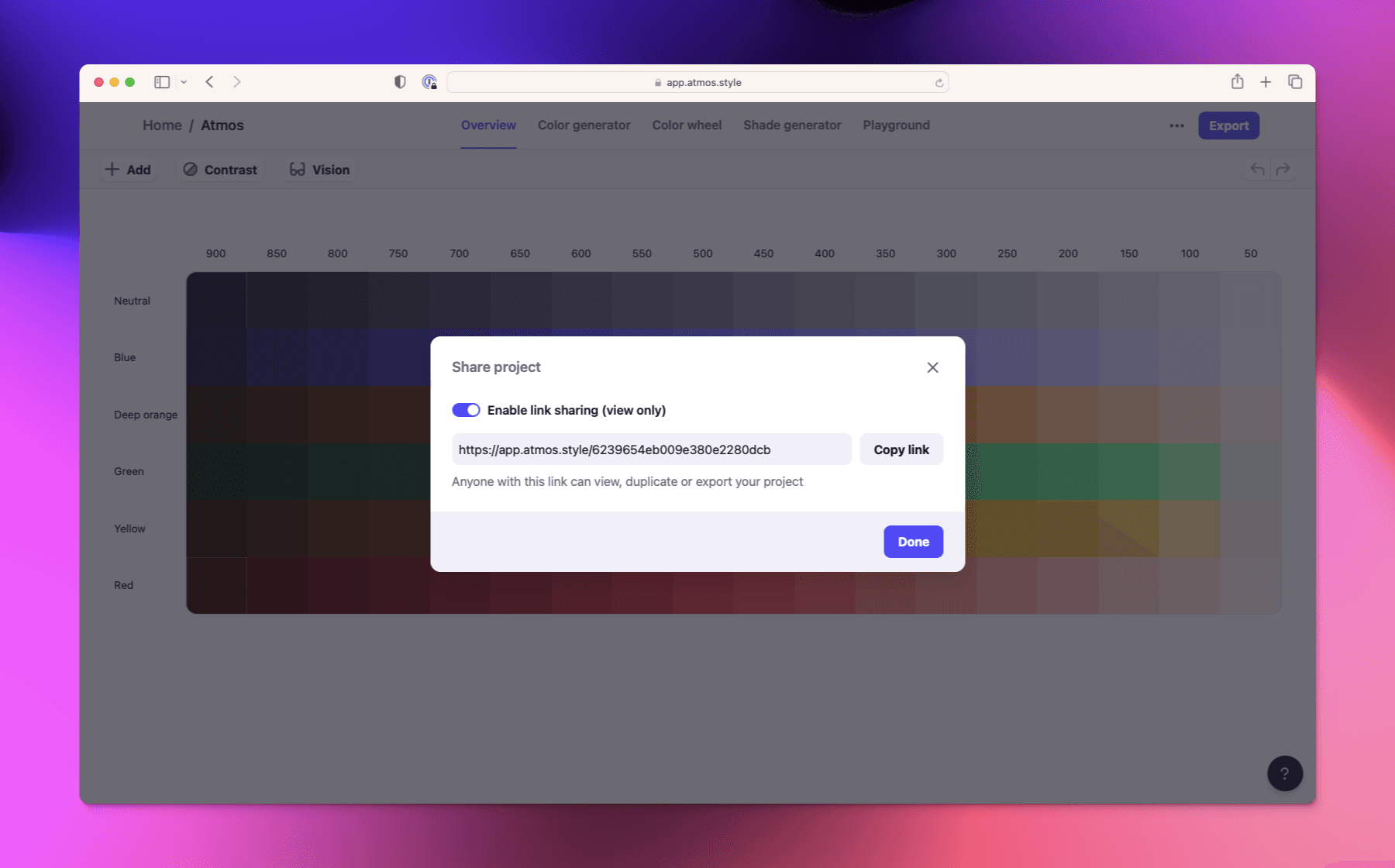 Project sharing modal